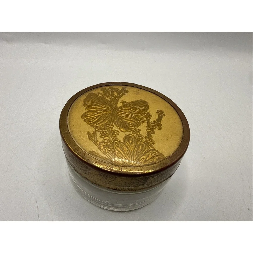 Vintage Art Deco Glass Trinket Box Metal lid Dresser Vanity Powder Jar Floral